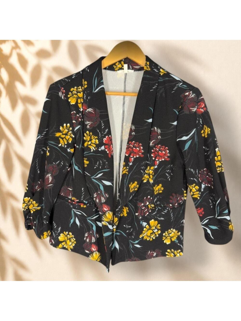 Maurices Blazer Women L Large Black Floral Long Sleeve Open Front Collared